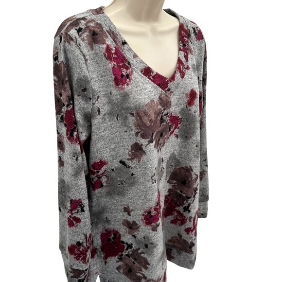 Ellen Tracy Womens Gray/Red Romance Floral Print V-Neck Long Sleeve Top Size L - Picture 2 of 9